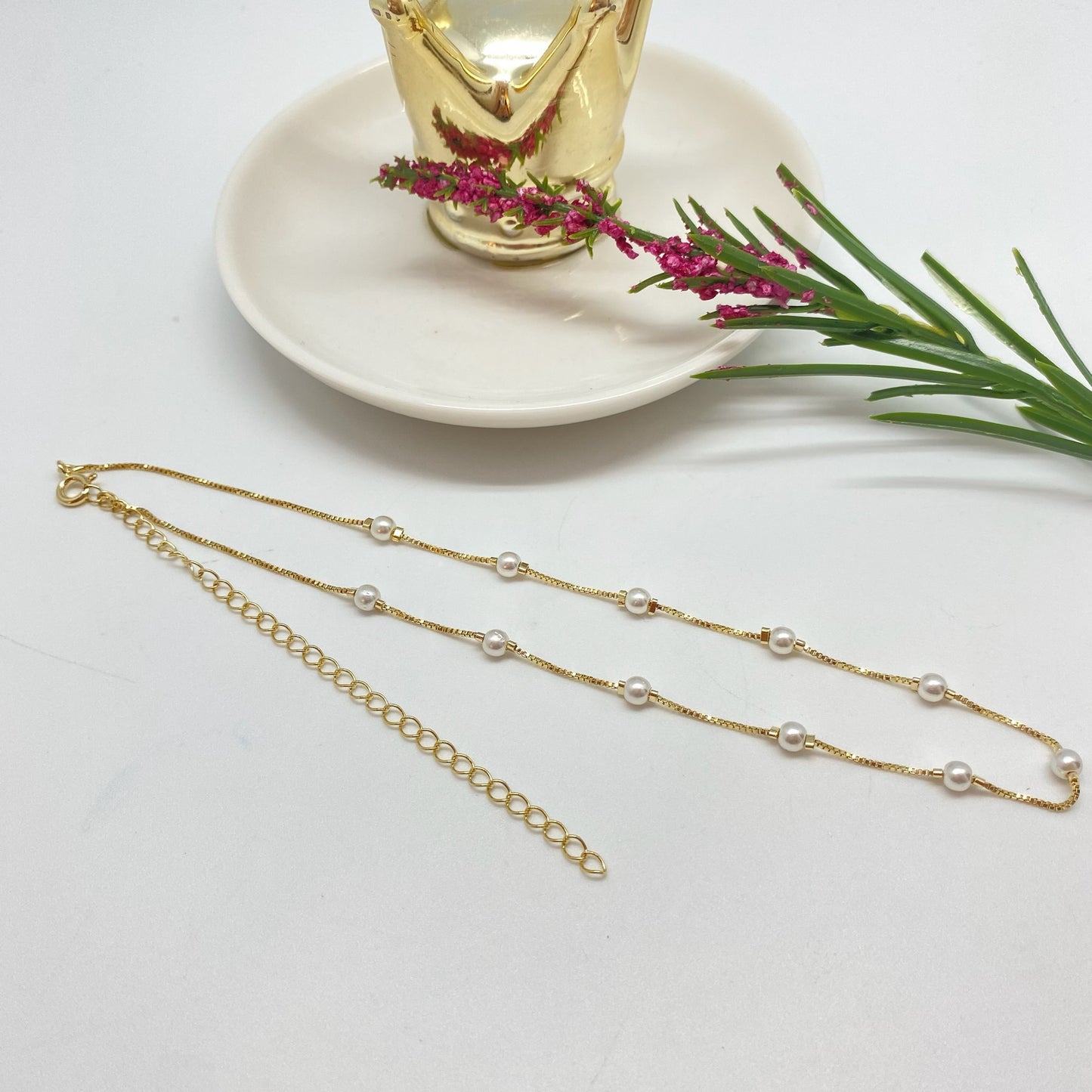 CO200 Collar Chocker Perlas Cadena Veneciana 1 mm Perlas 4 mm Largo 32 cm más extensor 10 cm Collar Terminado Baño Oro Cadenas Bañadas hecho de Bronce Bañado en Oro 18K Joyas Bañadas en Oro