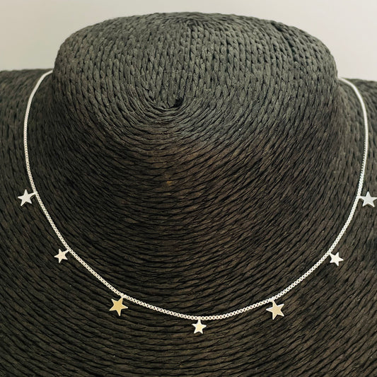 CP192 Collar con 7 Estrellas 4 de 5 mm y 3 de 4 mm Cadena Veneciana 1 mm Largo 40 cm más extensor de 5 cm Collar Terminado Baño Plata Cadenas Bañadas hecho de Bronce Bañado en Plata 50 ml Joyas Bañadas en Plata