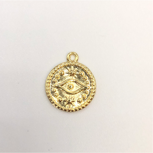 FO621 Colgante Ojo Griego 12 mm Figura Baño Oro Figuras Bañadas en Oro y Plata hecho de Bronce Bañado en Oro 18K