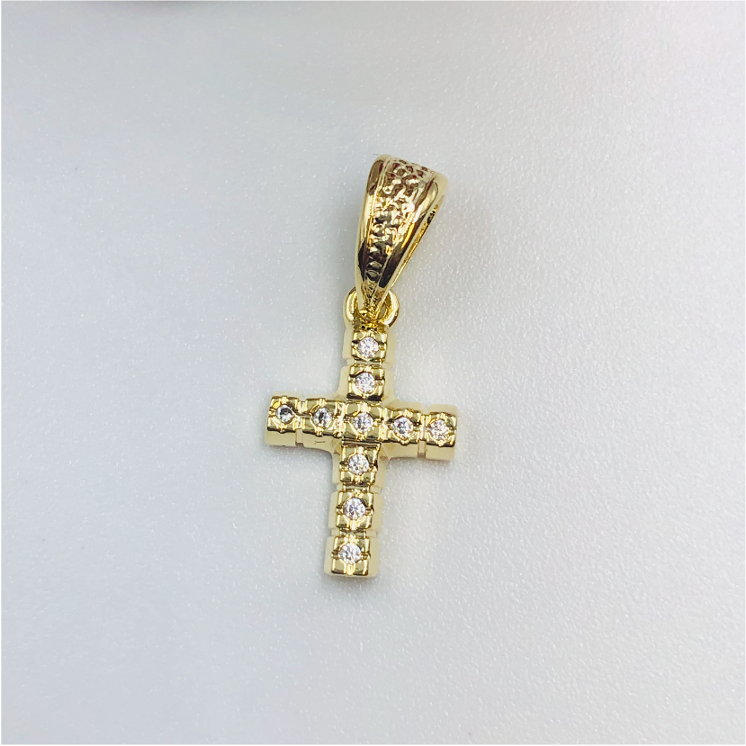 FO697 Colgante Mini Cruz con circones 15 x 10 mm con Balier Figura Baño Oro Figuras Bañadas en Oro y Plata hecho de Bronce Bañado en Oro 18K