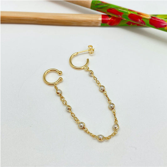XO283 Aro argollita y cadena con perlas argolla 12 mm x 9 cm largo perla 2 mm Aro Baño Oro Aros Bañados hecho de Bronce Bañado en Oro 18K Joyas Bañadas en Oro